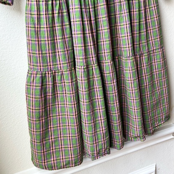 shirt by rochelle behrens Green Pink Flannel Plaid Ruffle Long Sleeve Dress Sz S - Picture 8 of 12